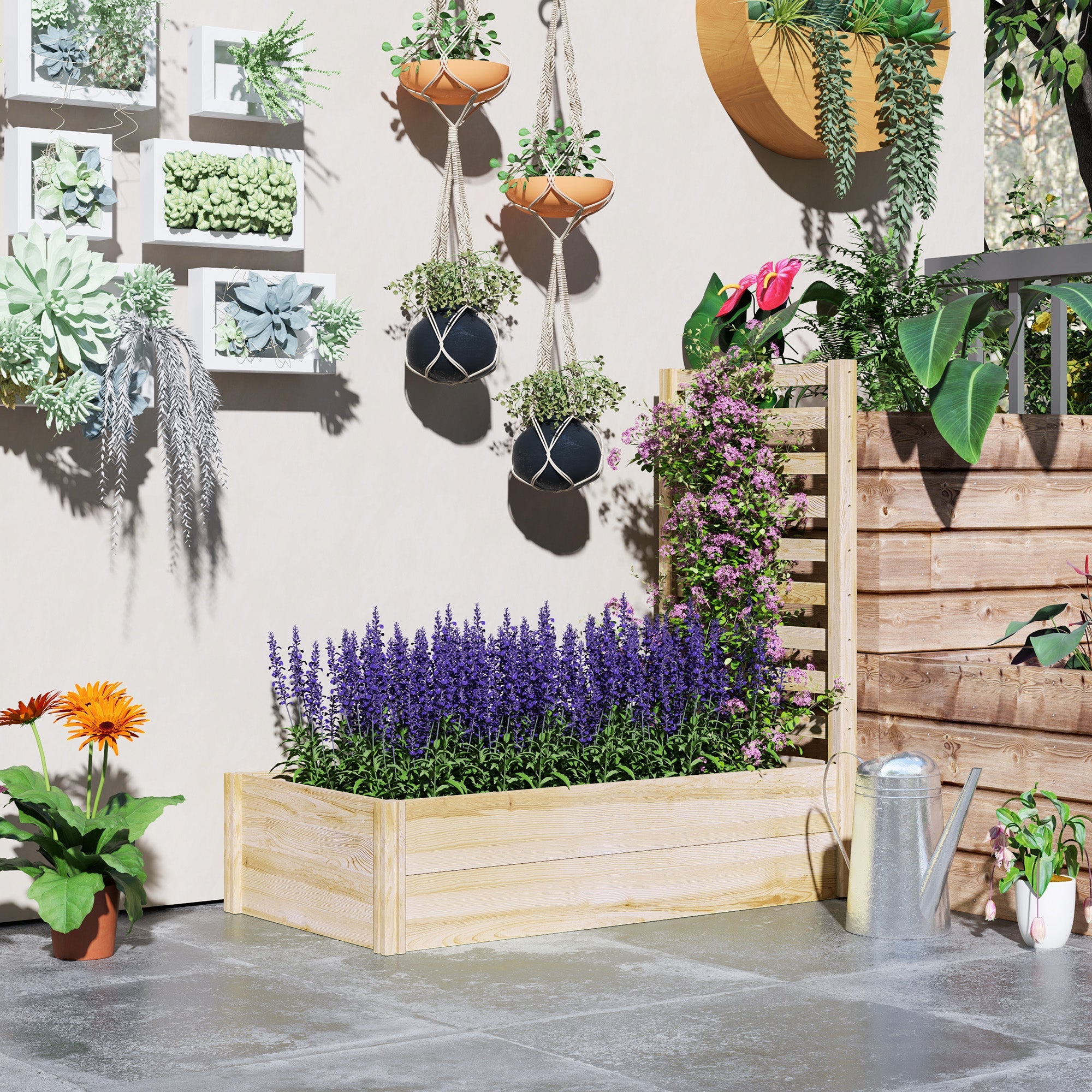 Outsunny Wood Planter Box with Trellis for Climbing Plants, Raised Garden Bed for Outdoor Flowers Herbs, 91"x24"x43", Natural