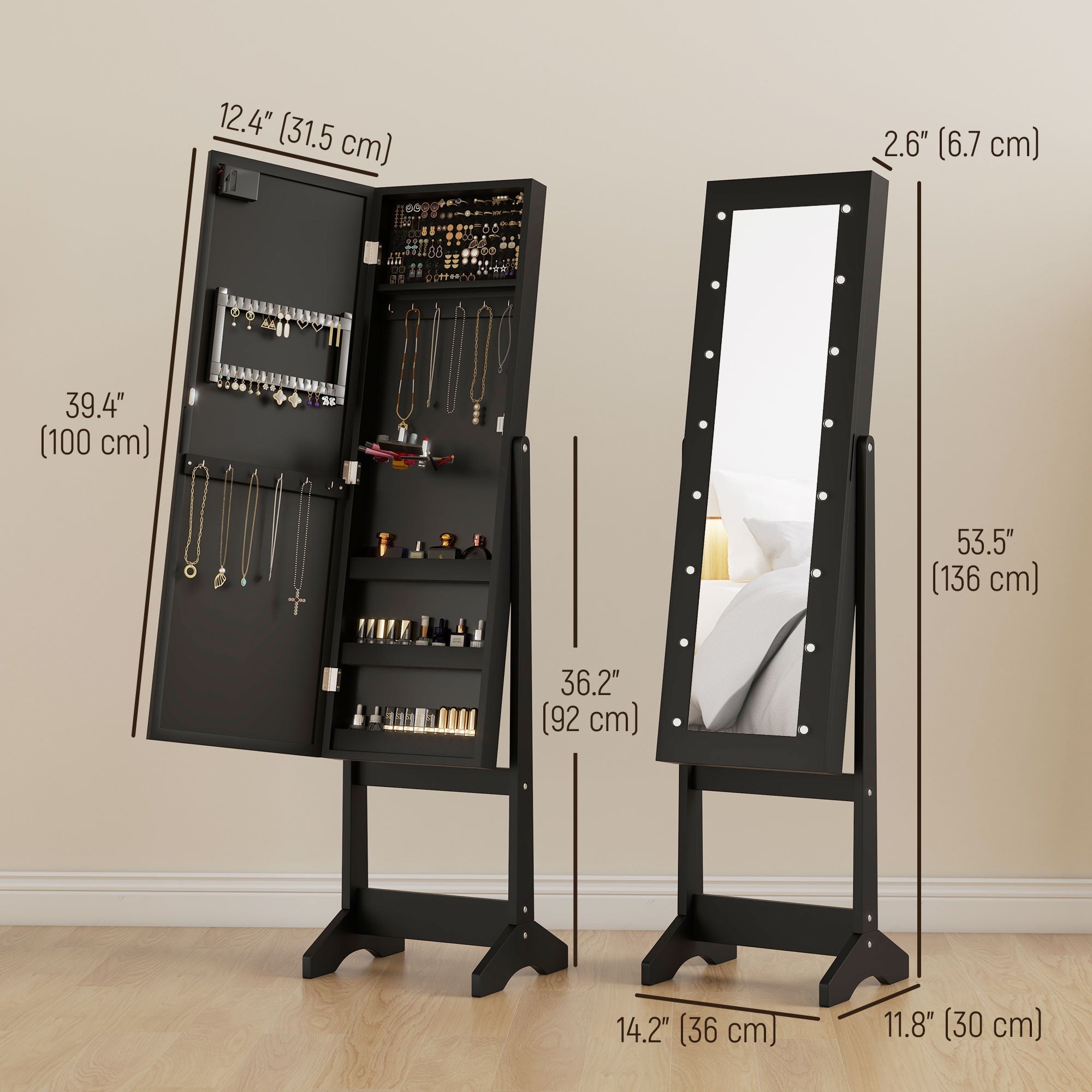 HOMCOM Freestanding Armoire Jewelry Cabinet Lighted Mirror Angle Adjustable 16 LED Lights Black