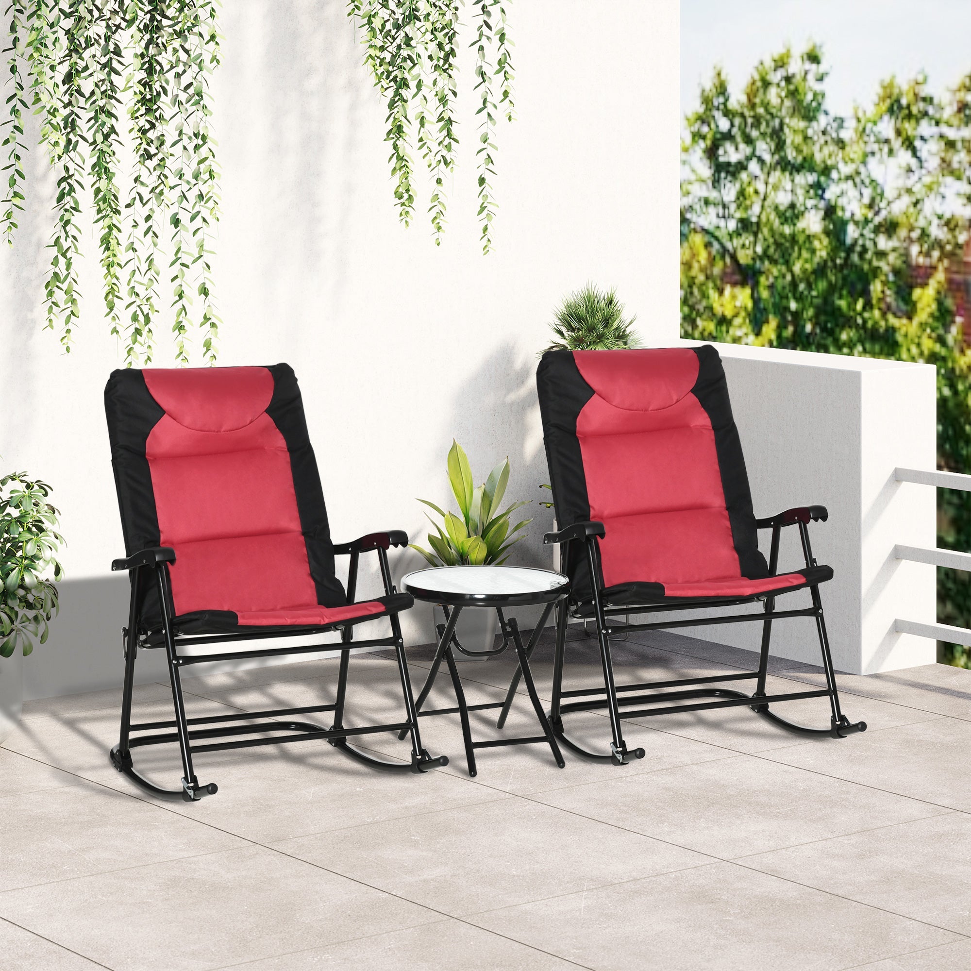 Outsunny 3pc Outdoor Folding Rocking Chair and Table Set Camping Yard Lounger Seat Patio Bistro Set w/ Padded Seat Red