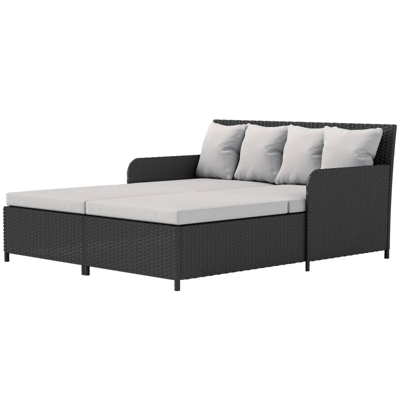 Rattan Outdoor Daybed, Sunbed Loveseat with Soft Cushions, 4 Pillows, Curved Backrest & Armrest, Light Grey