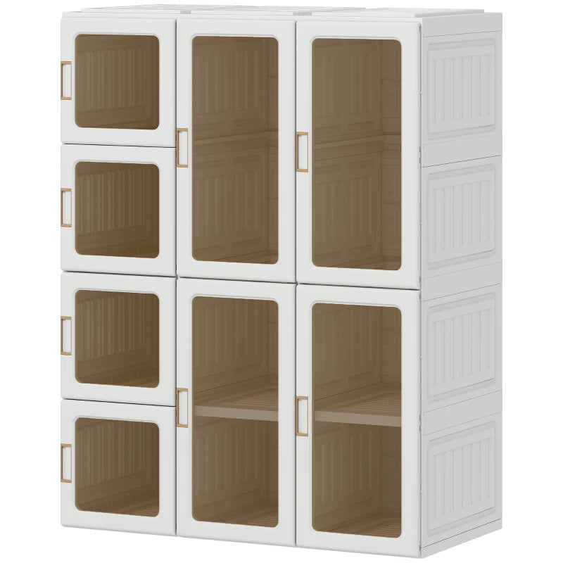 Portable Wardrobe, Foldable Plastic Closet with 8 Compartments, 2 Hanging Rods and Magnetic Clear Doors, Brown