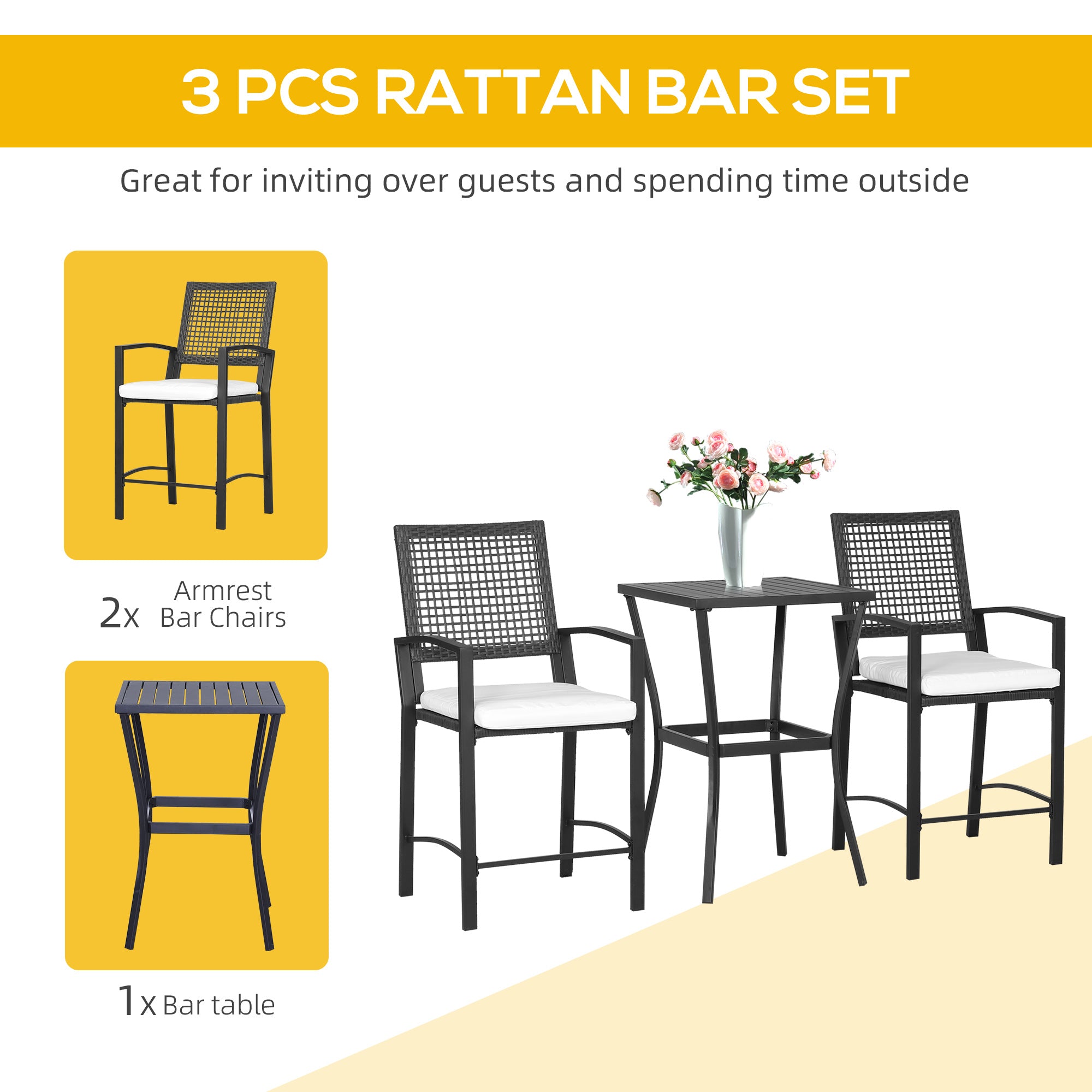 Outsunny Outdoor Wicker Bar Set 3PC Classic Bistro Bar Set Garden Rattan Style Patio Bar Table High Chairs Cream White