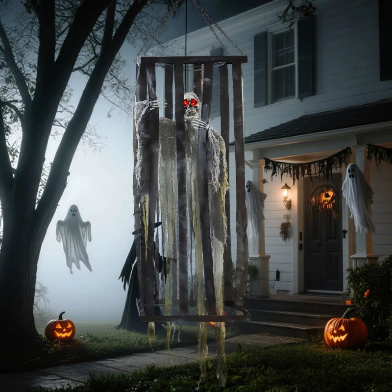 Outsunny Animatronic Hanging Skeleton Reaper in Cage – Voice-Activated Halloween Prop with Flashing Eyes