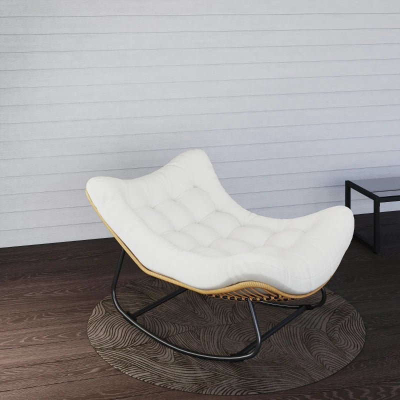 Oversized Rattan Patio Egg Chair, Outdoor Rocking Chair with Padded Cushion for Indoor, Porch, Cream White