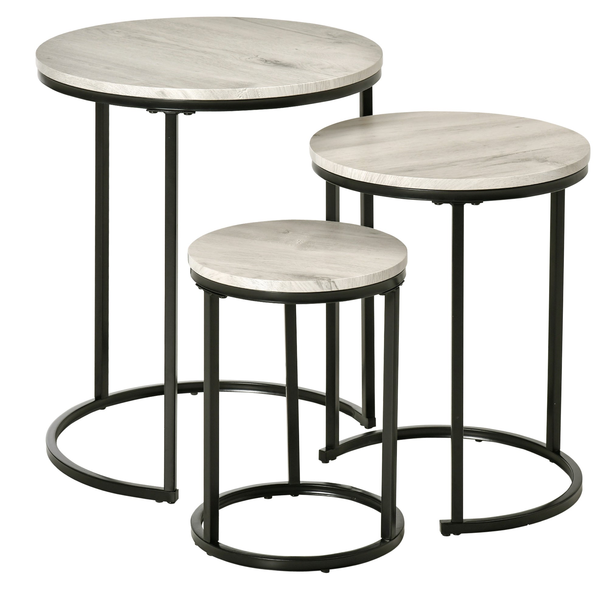 HOMCOM Trendy Nested Coffee Tables: Set of 3 Stacking Side Tables with Woodgrain Steel Frame for Living Room, Chic Grey