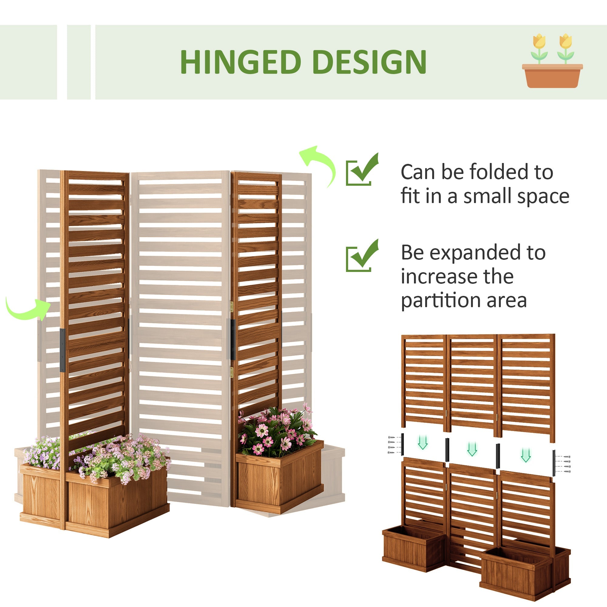 Outsunny Outdoor Wood Privacy Screen with Planter Boxes 3 Panel Raised Bed Drainage Holes Privacy Panel