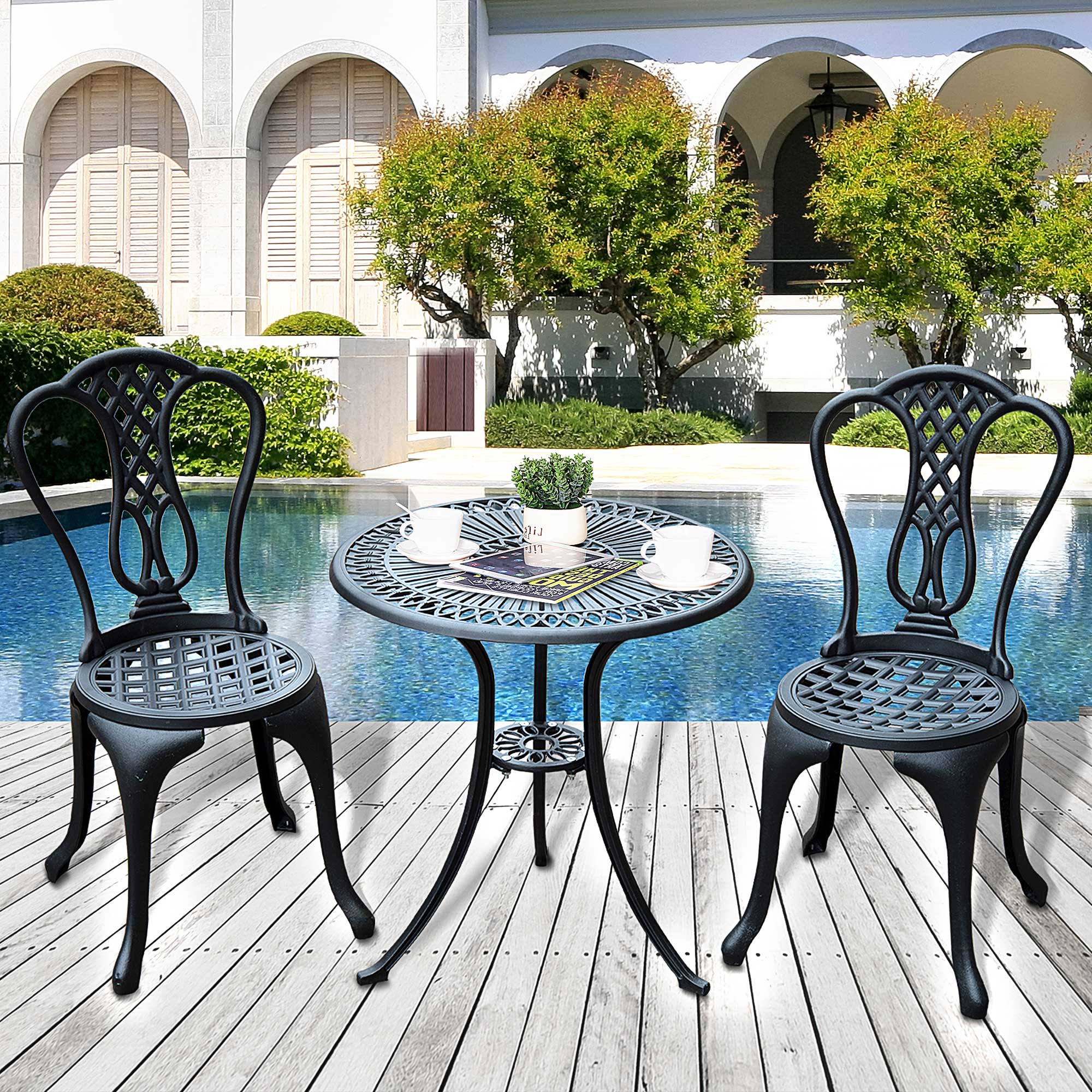 Outsunny 3 Pieces Antique Outdoor Bistro Set Cast Aluminum Patio Table and Chairs with Umbrella Hole Black