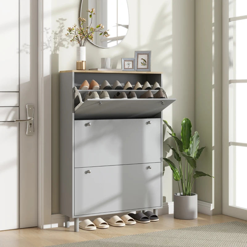 Entryway Shoe Storage Small Modern Flip-Flop Shoe Cabinet with 3 Flip Drawers Adjustable Shelves for 24 Pairs of Shoes, Grey