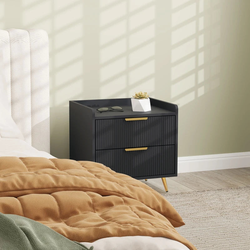 Bedside Table, Nightstand with 2 Drawers, Side End Table with Metal Legs for Bedroom, Black