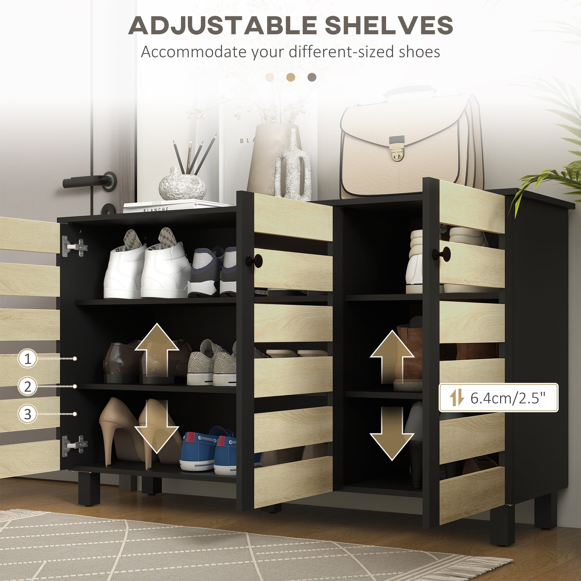 HOMCOM Rustic Shoe Storage Cabinet: 3 Slatted Doors, Adjustable Shelves for 15 Pairs, Entryway Organizer