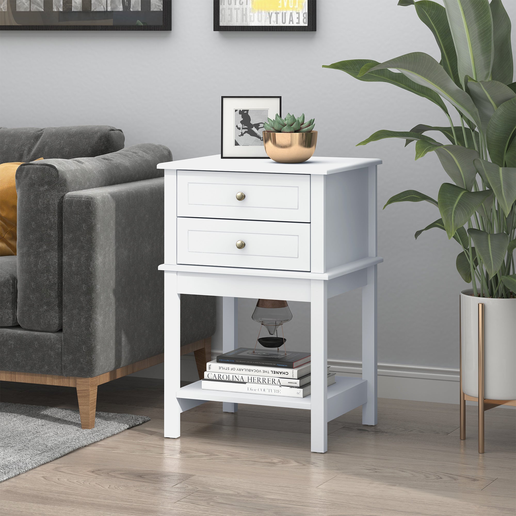 HOMCOM Elegant End Table: Modern Sofa Side Table with Drawers and Storage Shelf, Nightstand for Bedroom, Living Room, Crisp White