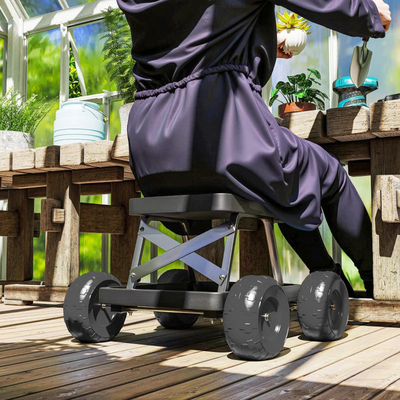 Garden Seat with Wheels, Rolling Garden Stool with Tool Tray, Cart for Outdoor Work, 19.7" x 19.3" x 12.6", Black