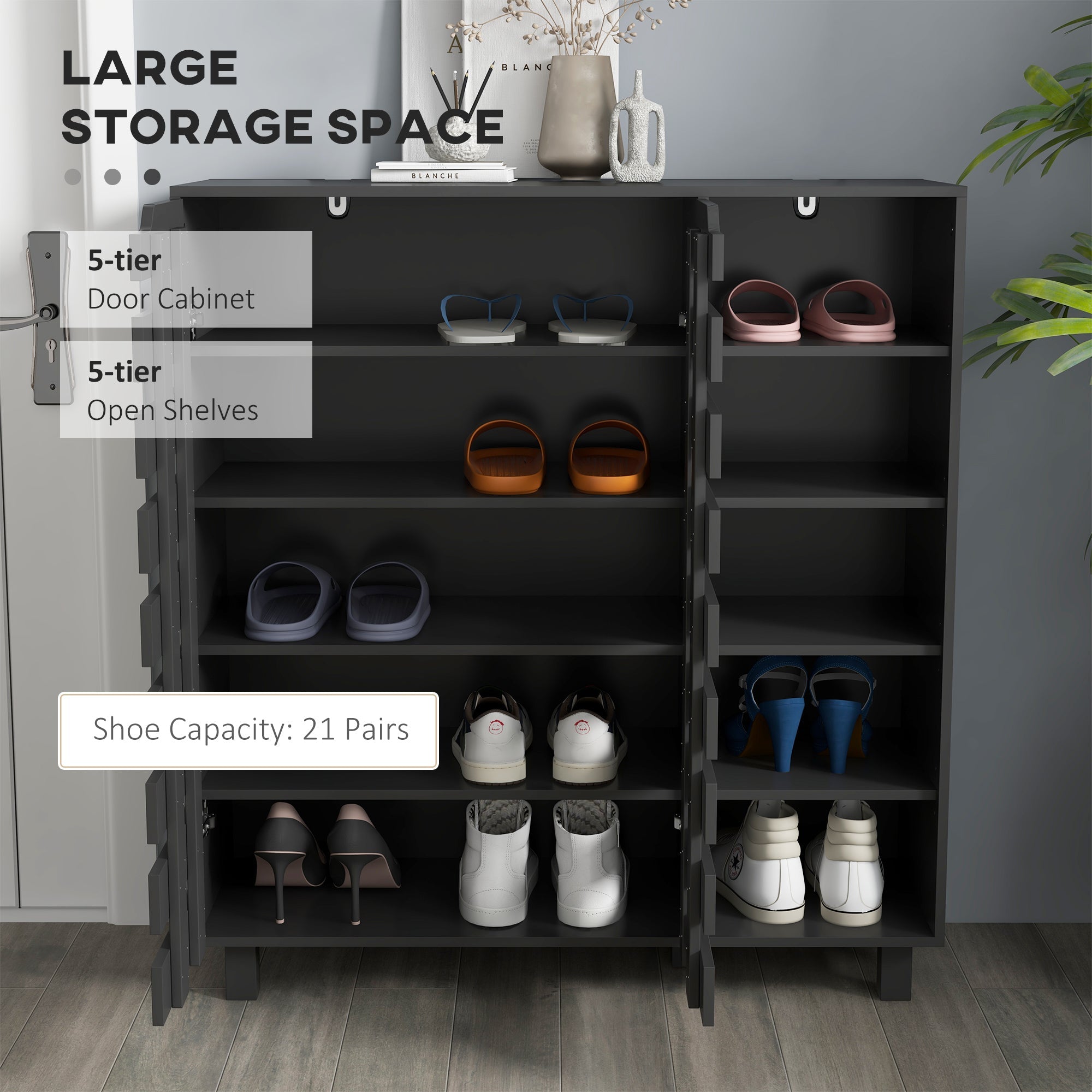 HOMCOM Shoe Storage Cabinet 21 Pair Organizer 5 Tier Double Door Cupboard 5 Tier Open Shelves