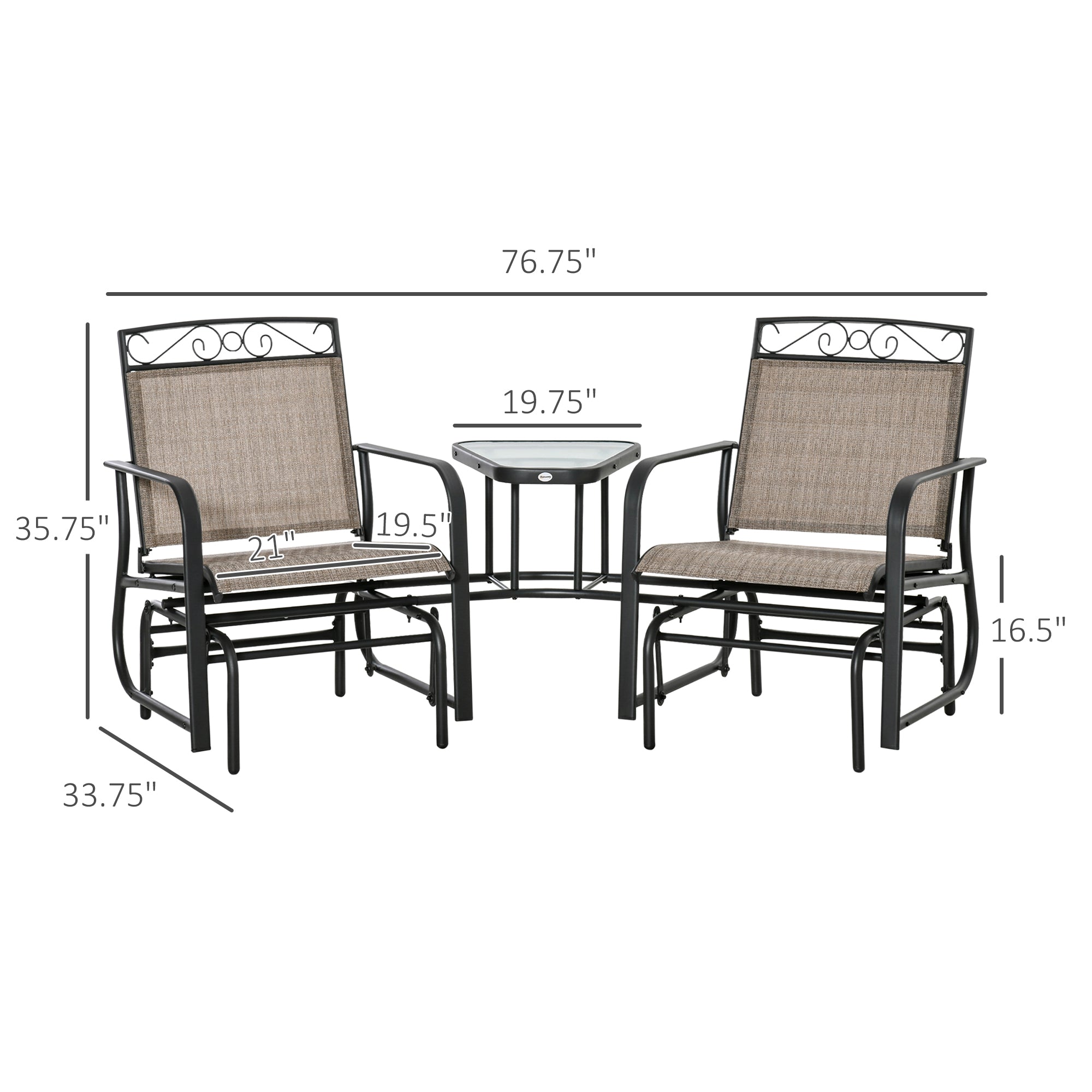 Outsunny Outdoor Glider Bench with Coffee Table, Patio 2-Seat Rocking Chair Swing Loveseat with Breathable Sling, Brown