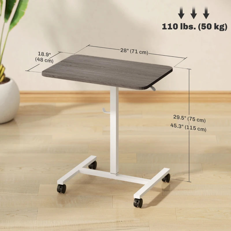Height Adjustable Standing Desk, Pneumatic Sit Stand Desk with Wheels and Headphone Hook, Grey Wood Grain