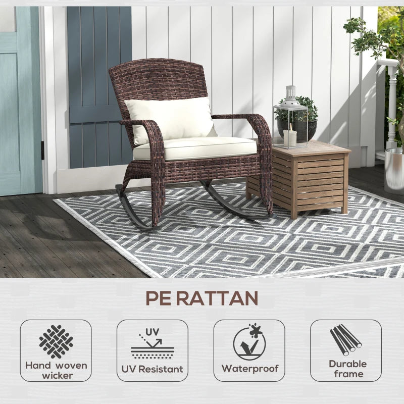 Adirondack Chair, Outdoor Wicker Rocking Chair with High Back, Seat Cushion and Pillow for Porch, Balcony, Cream/Brown