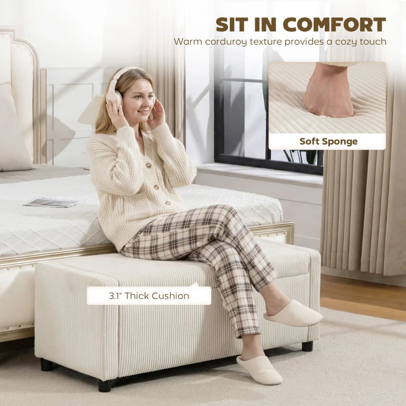 Storage Ottoman, Upholstered Corduroy End of Bed Bench with Thick Padding, Storage Bench for Bedroom, Beige