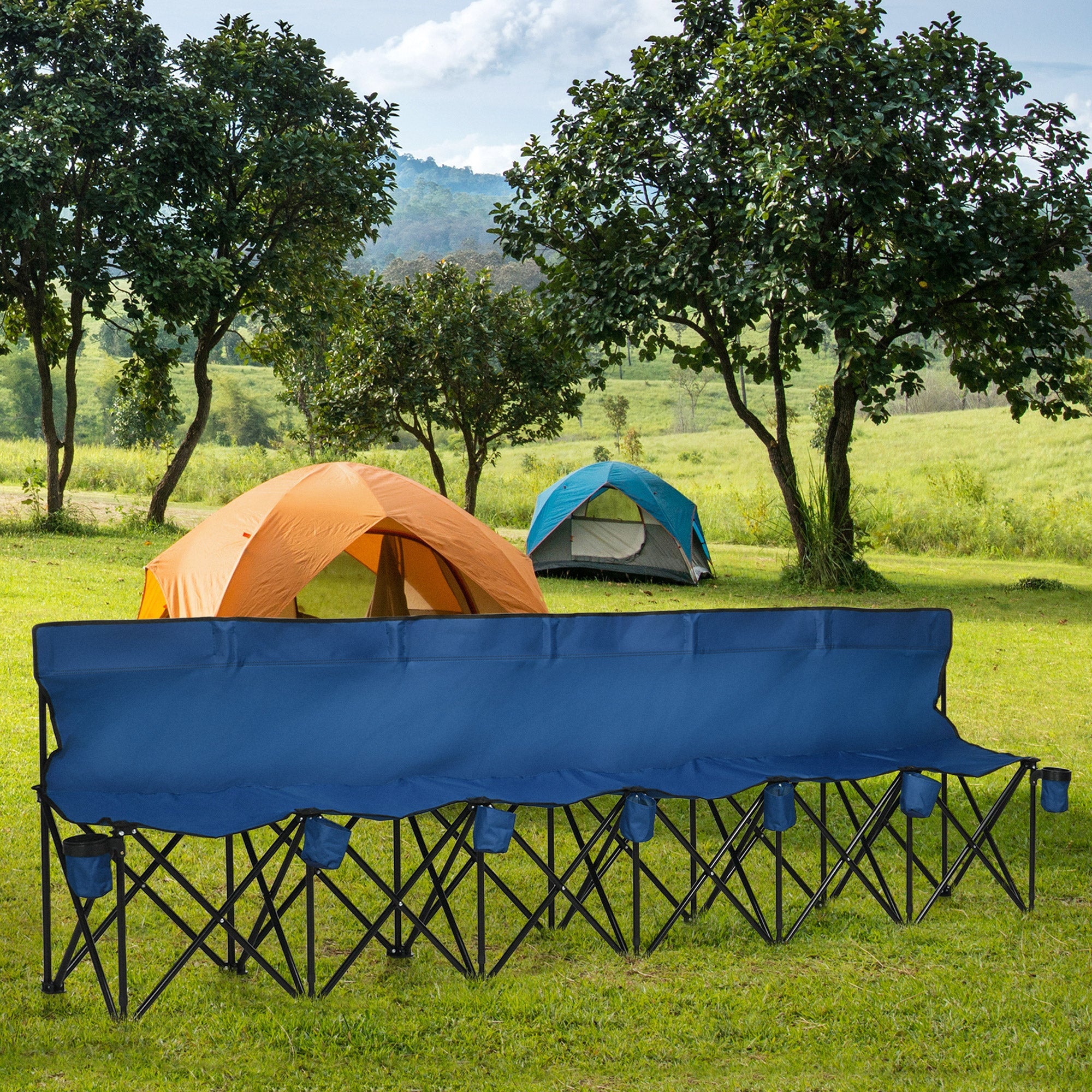 Outsunny 6 Seat Blue Sports Bench Portable Team Bench with Cup Holder and Carry Bag for Camping