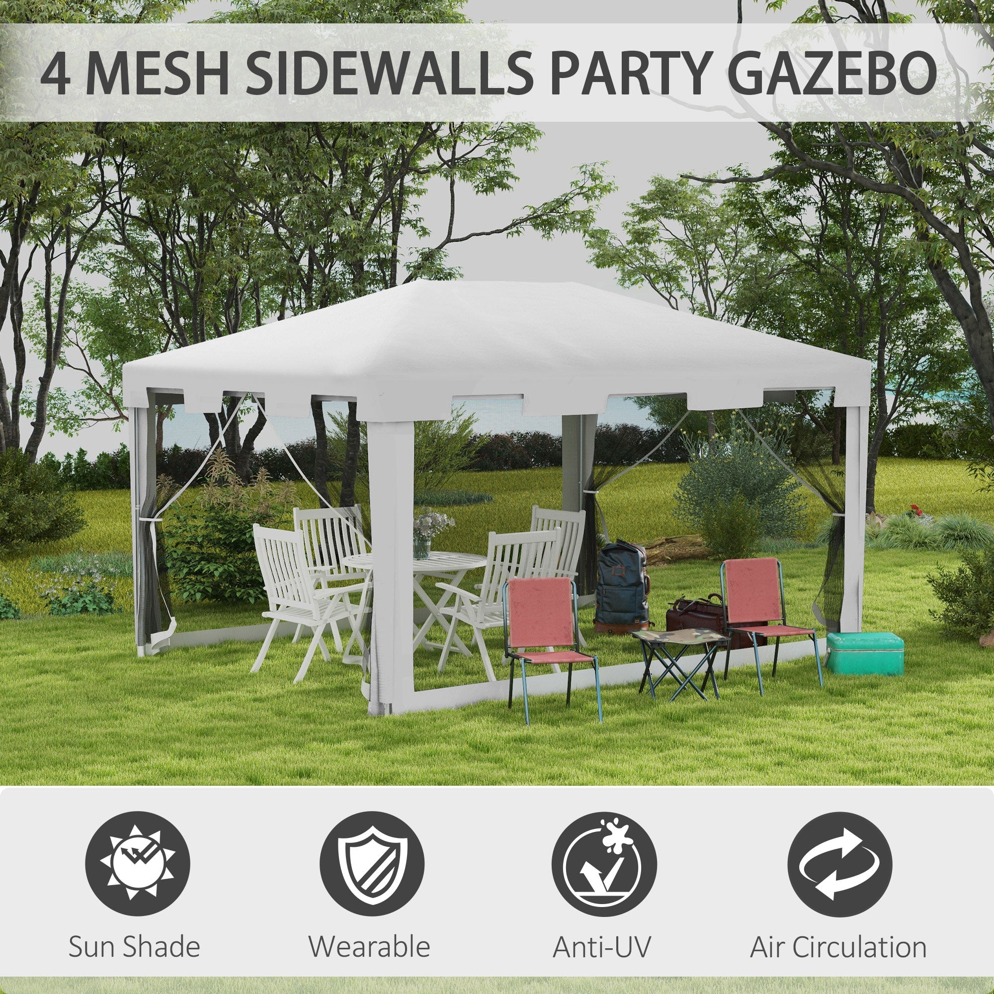 Outsunny 10x13ft Gazebo Party Tent Outdoor Canopy Garden Sun Shade with Mesh Sidewalls White
