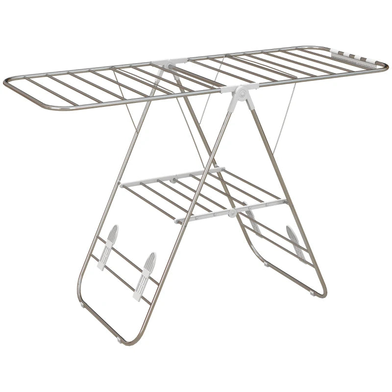 Clothes Drying Rack, 2-Tier Stainless Steel Foldable Laundry Rack with Adjustable Wings and Shoe Holders, Silver