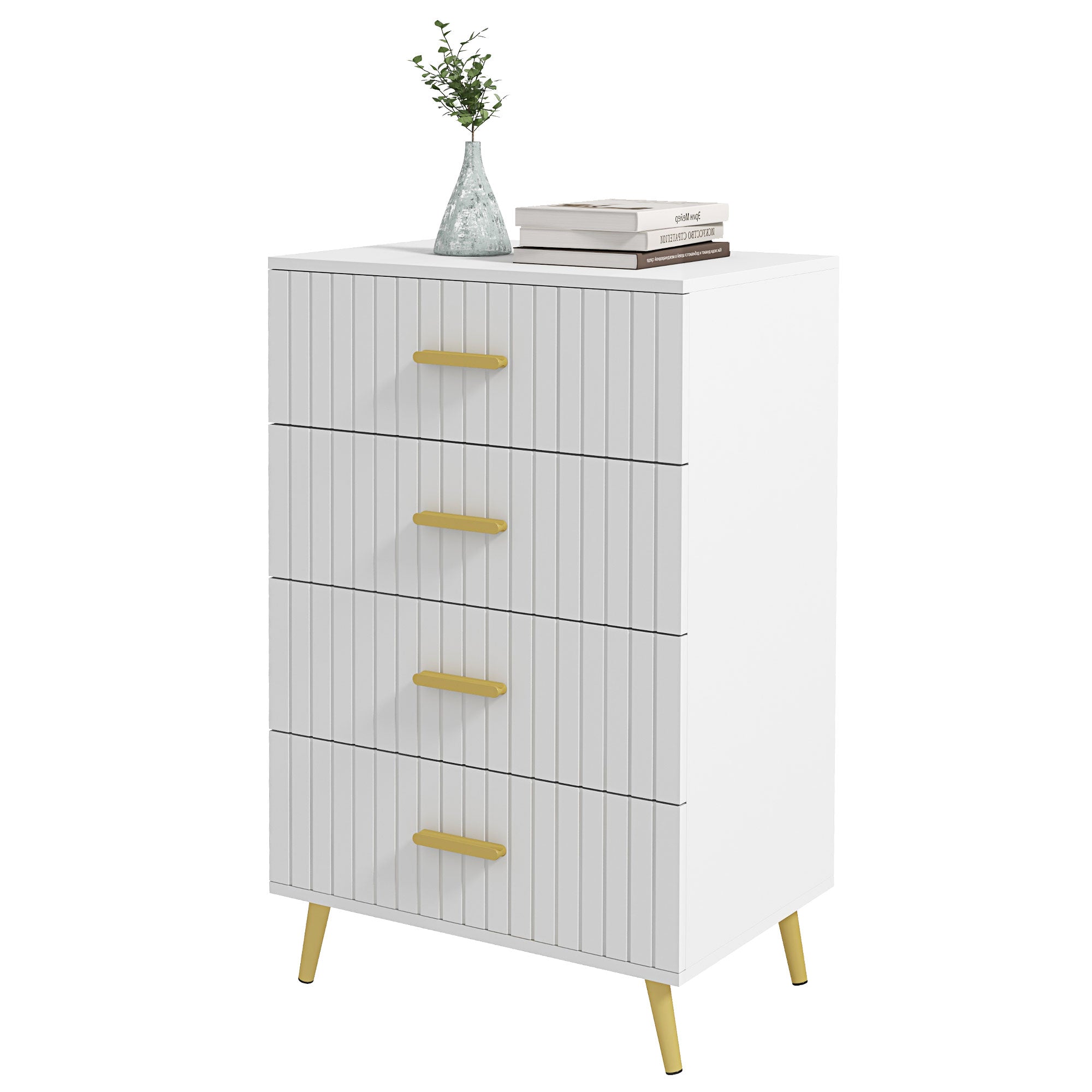HOMCOM 4 Drawer Cabinet, Drawer Chest for Bedroom, Chest of Drawers with Aluminium Legs and Gold Handles, White