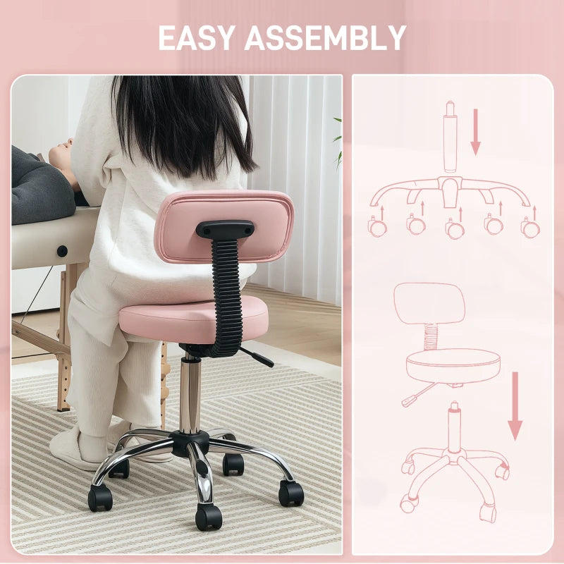 Adjustable Rolling Stool with Removable Backrest, Faux Leather Swivel Stool Chair for Salon Spa, Bar, Massage, Pink
