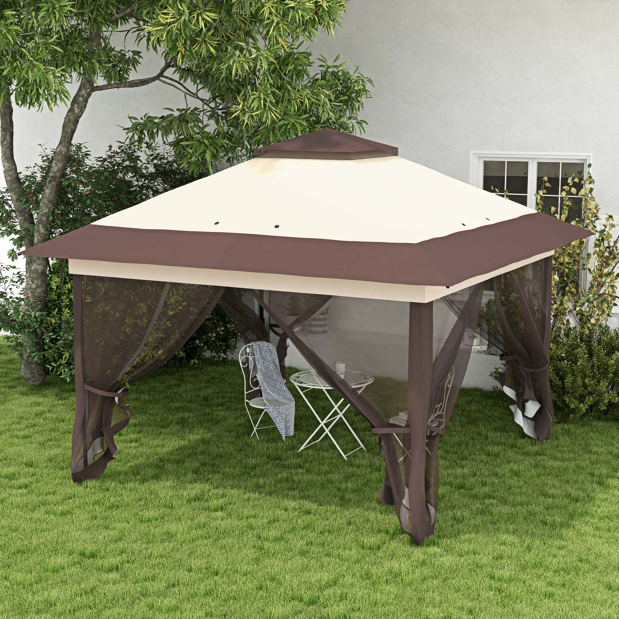 Outsunny 12' x 12' Foldable Pop-up Party Tent Instant Canopy Sun Shade Gazebo Shelter Steel Frame Oxford w/ Roller Bag, Brown