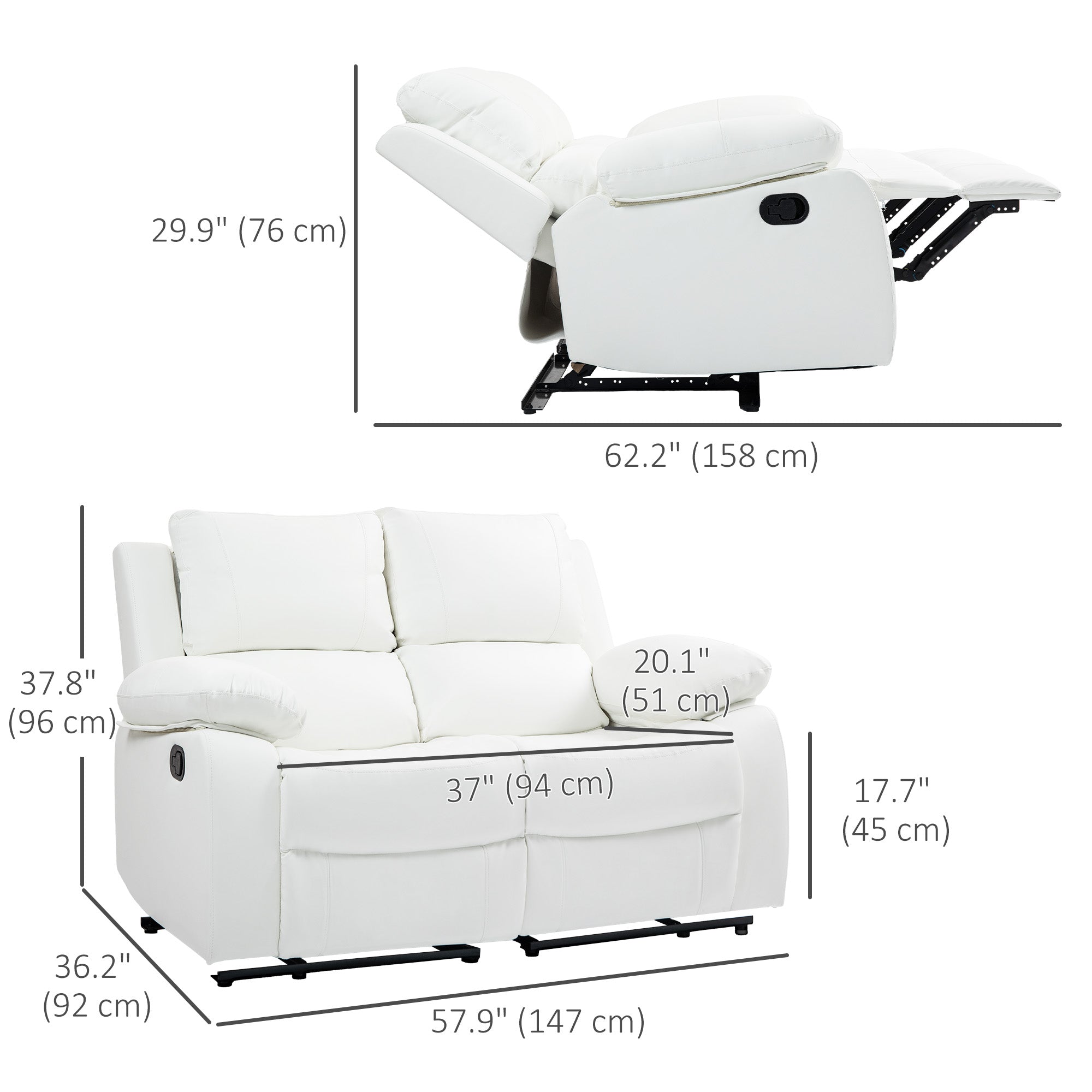 HOMCOM PU Leather Manual Recliner Sofa, Double Reclining Loveseat with Pullback Control Footrest for Living Room, White