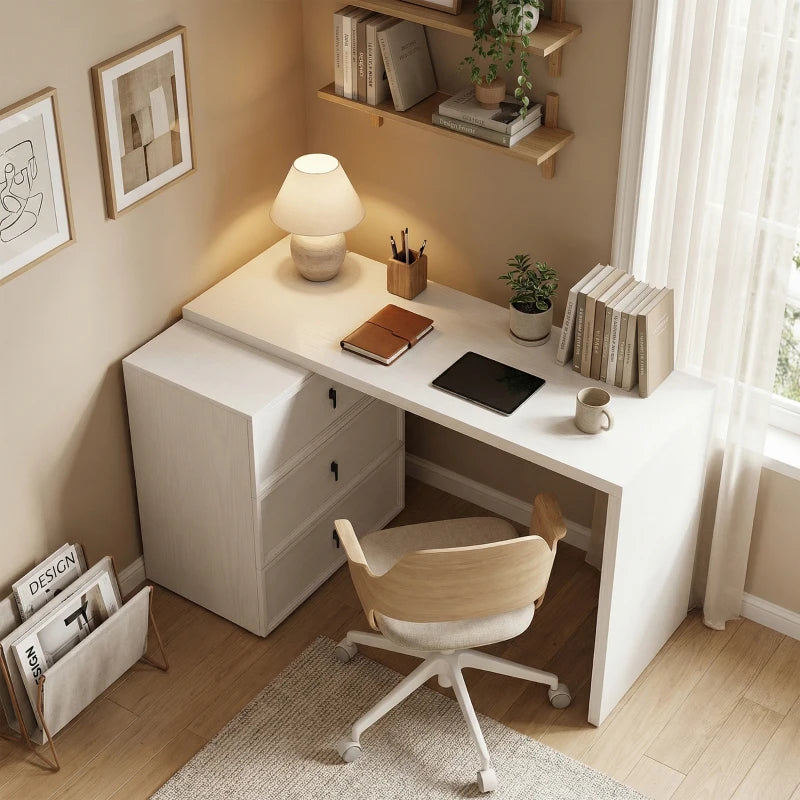 L Shaped Computer Desk Home Office Desk with 3 Drawers White Wood Grain