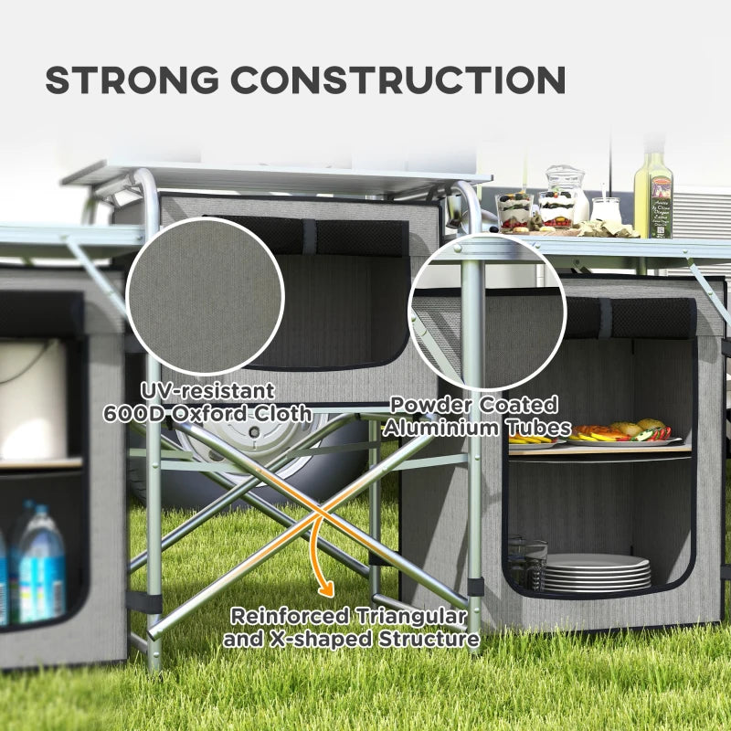 Aluminum Camping Kitchen, Portable Folding Camping Table with Fabric Cupboards, Windshield, Bag for BBQ, Picnic, Grey