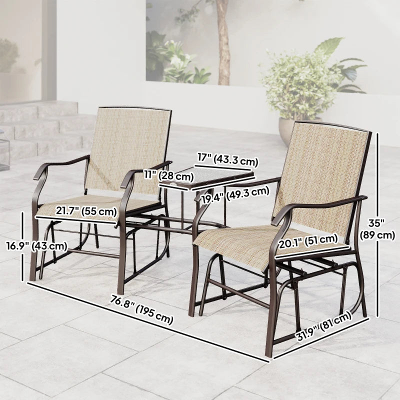 Double Patio Glider Chair with Glass Top Center Table, Outdoor Glider Loveseat with High Back, All Weather Breathable Mesh Fabric for Garden, Backyard, Deck, Light Brown