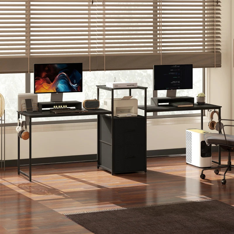 96 Inch Gaming Desk, Dual Computer Desk for 2 Person with Power Outlets and Monitor Stands, Black