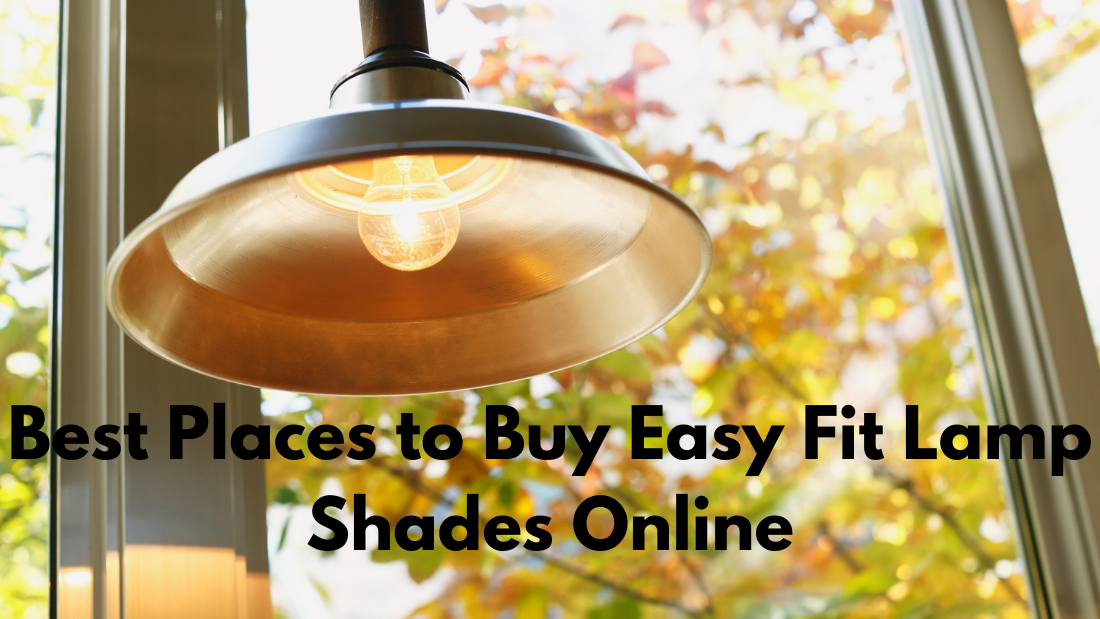 A modern pendant lamp illuminates a cozy room, with colorful autumn leaves visible through the window. Text promotes easy fit lamp shades online.
