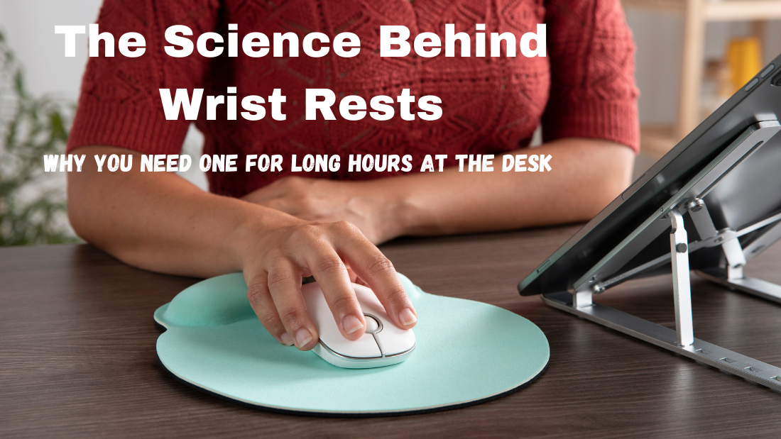 A person using a computer mouse with a wrist rest on a desk, emphasizing ergonomic support for long hours of work.
