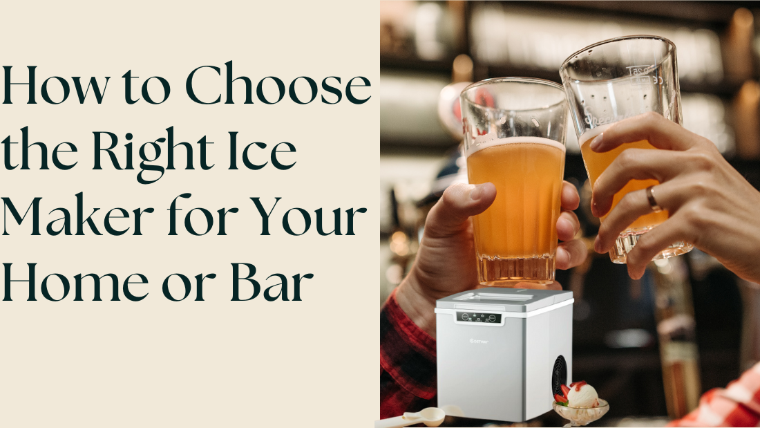Two people toast with glasses of beer, while an ice maker sits on a table, illustrating ice maker selection for homes or bars.
