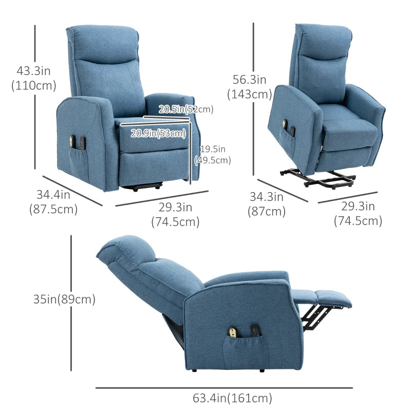 HOMCOM Electric Lift Chair, Power Chair Recliner with 8 Massage Vibration Points, Remote Control, Side Pockets, Blue