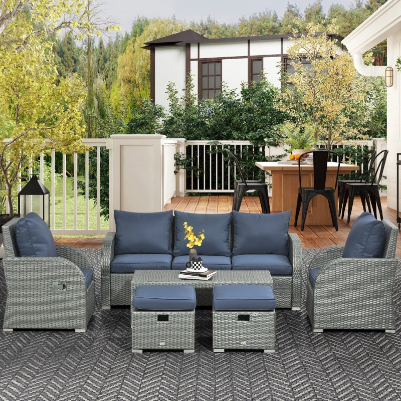 Outsunny Patio Furniture with Cushions, 6 Pieces PE Wicker Patio Sectional Furniture Conversation Set w/ a Three-Seat Sofa, 2 Recliner Chairs, 2 Footstools & Table, Dark Blue