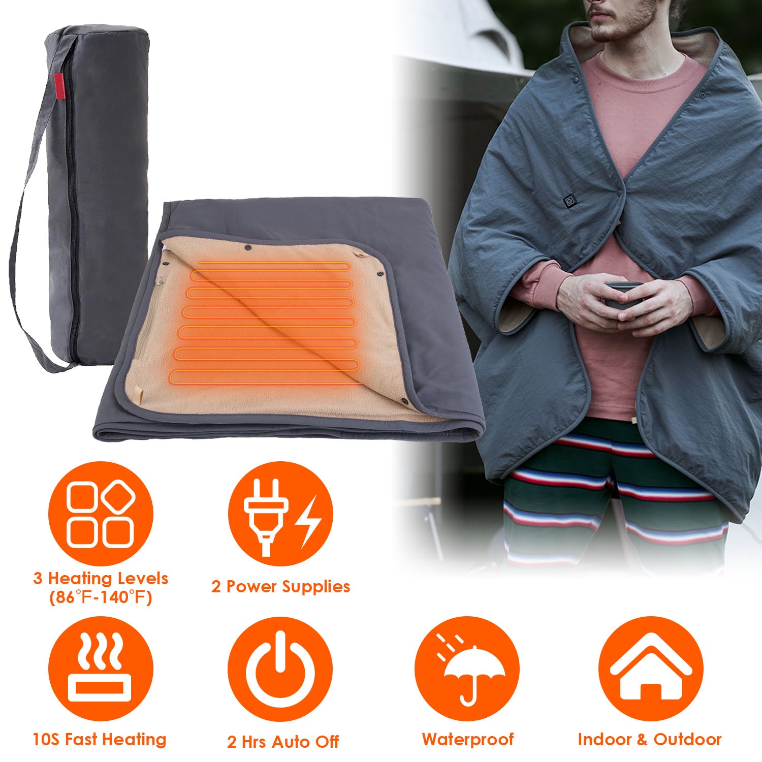 Electric Heated Throw Full Body Heated Shawl Indoor Outdoor Heated Blanket with 3 Heating Levels 2Hrs Auto Off Machine Washable Waterproof 53.5x37.8in