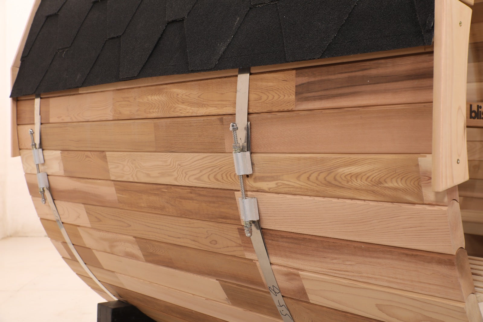 Blisspod, Prague, Canadian Red Cedar Outdoor Steam Barell Sauna, 2-4 / 4-6 persons with Full Glass Back & 2 front Porch seats 