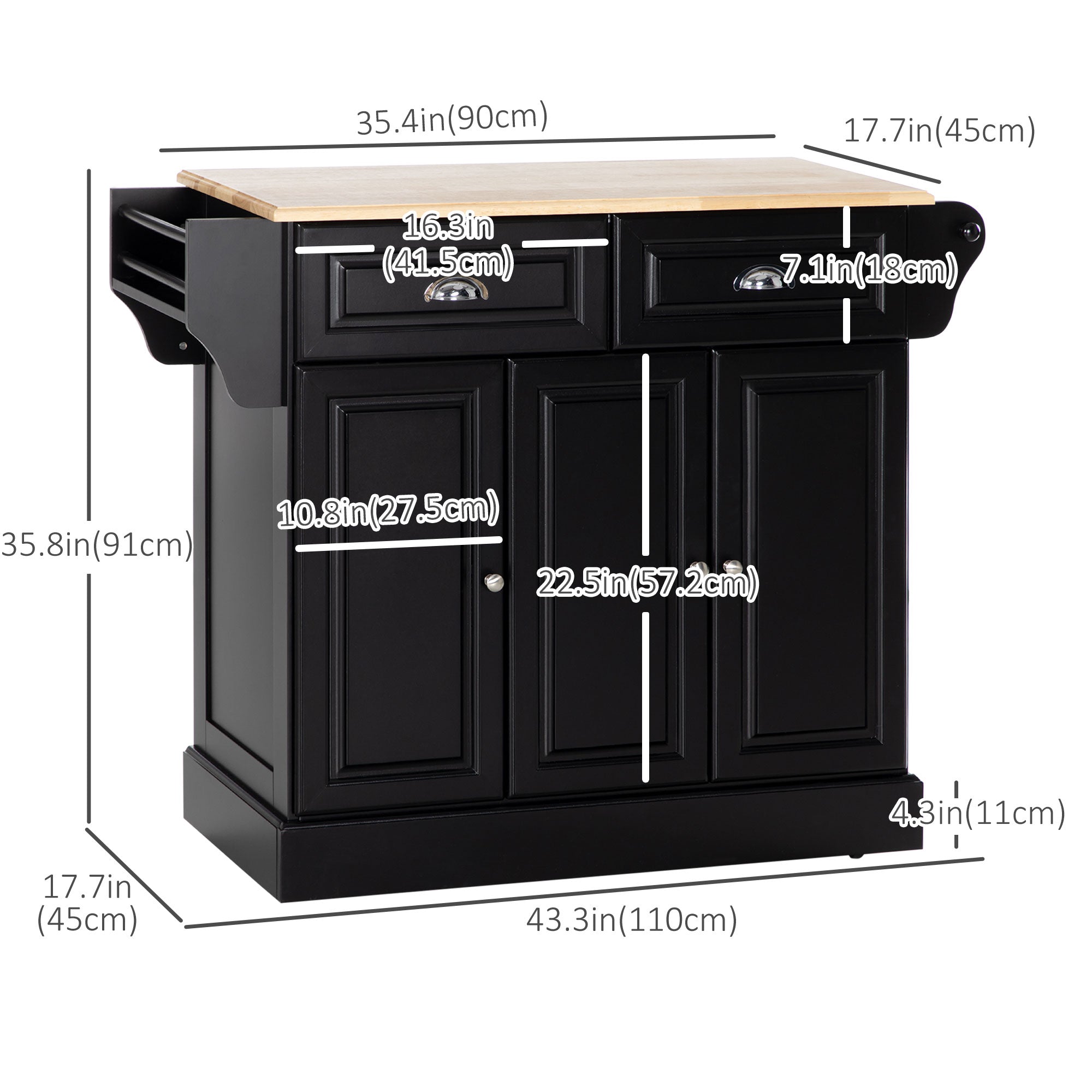 HOMCOM Kitchen Island Cart Wood Top Towel Rack Drawer Cabinet Black Mobile Furniture Prep Station 
