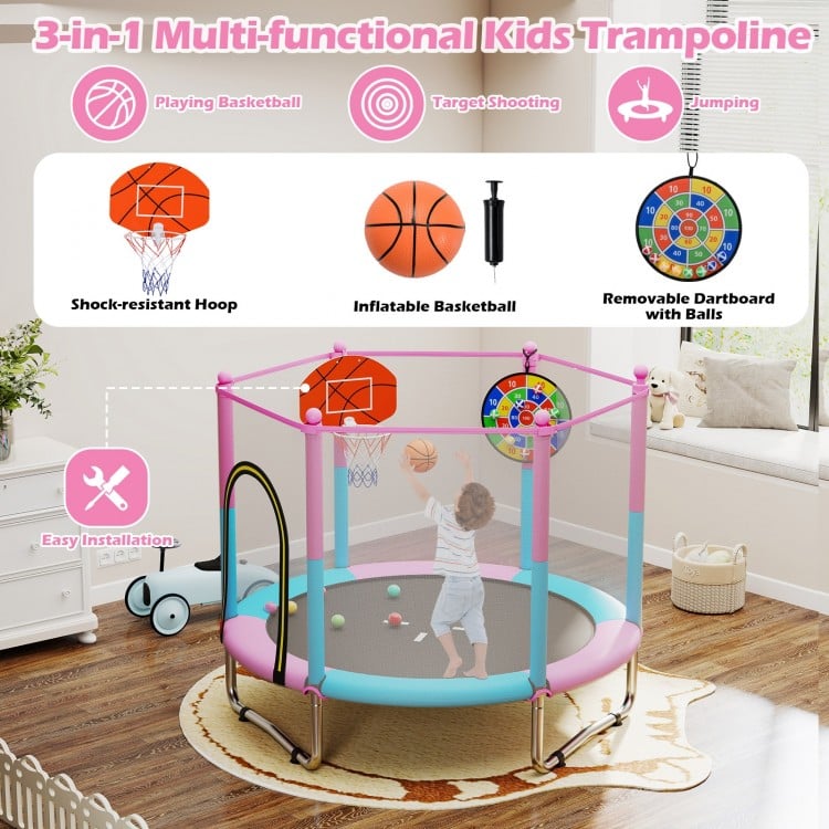 60 inch Kids Trampoline Toddler Recreational Trampoline with Basketball Hoop - Macaron