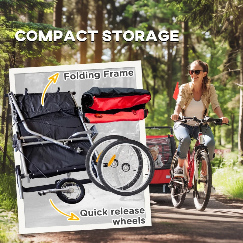 Aosom 2-in-1 Bike Trailer for Kids, Foldable 2-Seat Baby Stroller with 5-Point Harness, Rubber Wheels, Storage Bag, Red