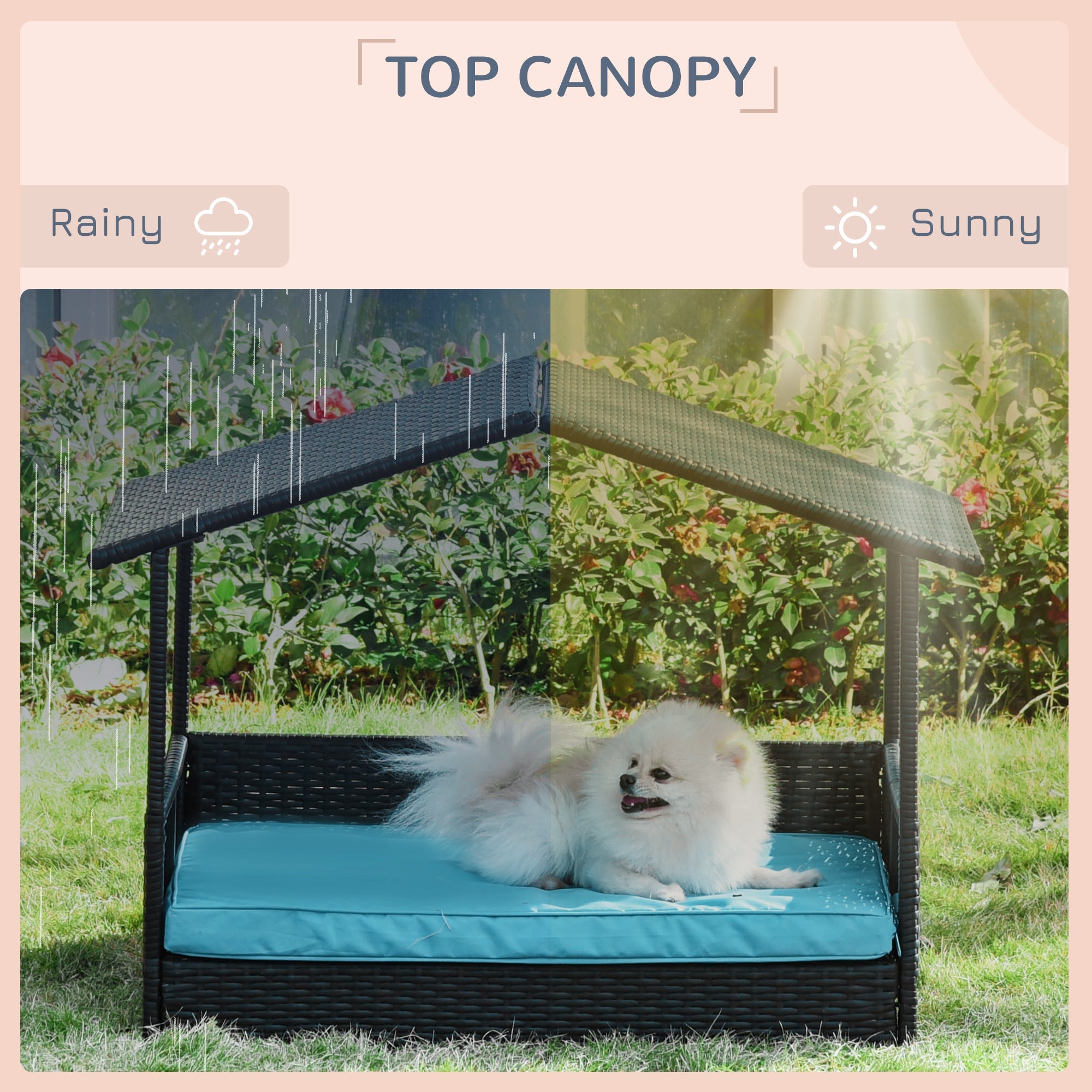 Outsunny PawHut Wicker Dog House Raised Rattan Pet Bed Indoor Outdoor Sofa with Cushion Medium Blue 
