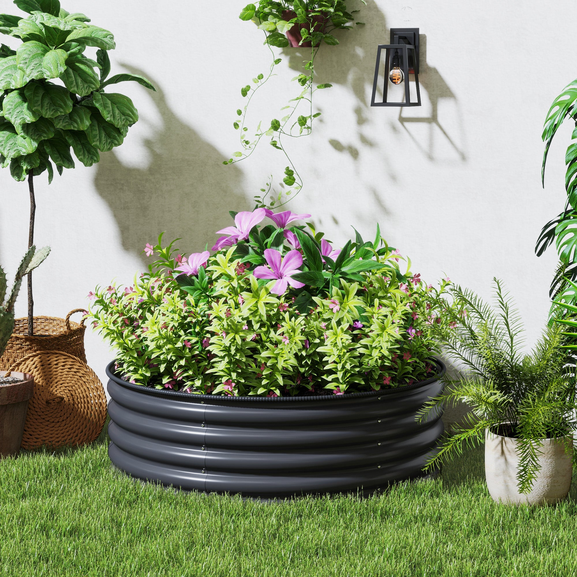 Outsunny Galvanized Raised Flower Bed, 4 x 4 x 1.5 ft Outdoor Metal Raised Bed with Safety Edging and Gloves, Dark Grey 