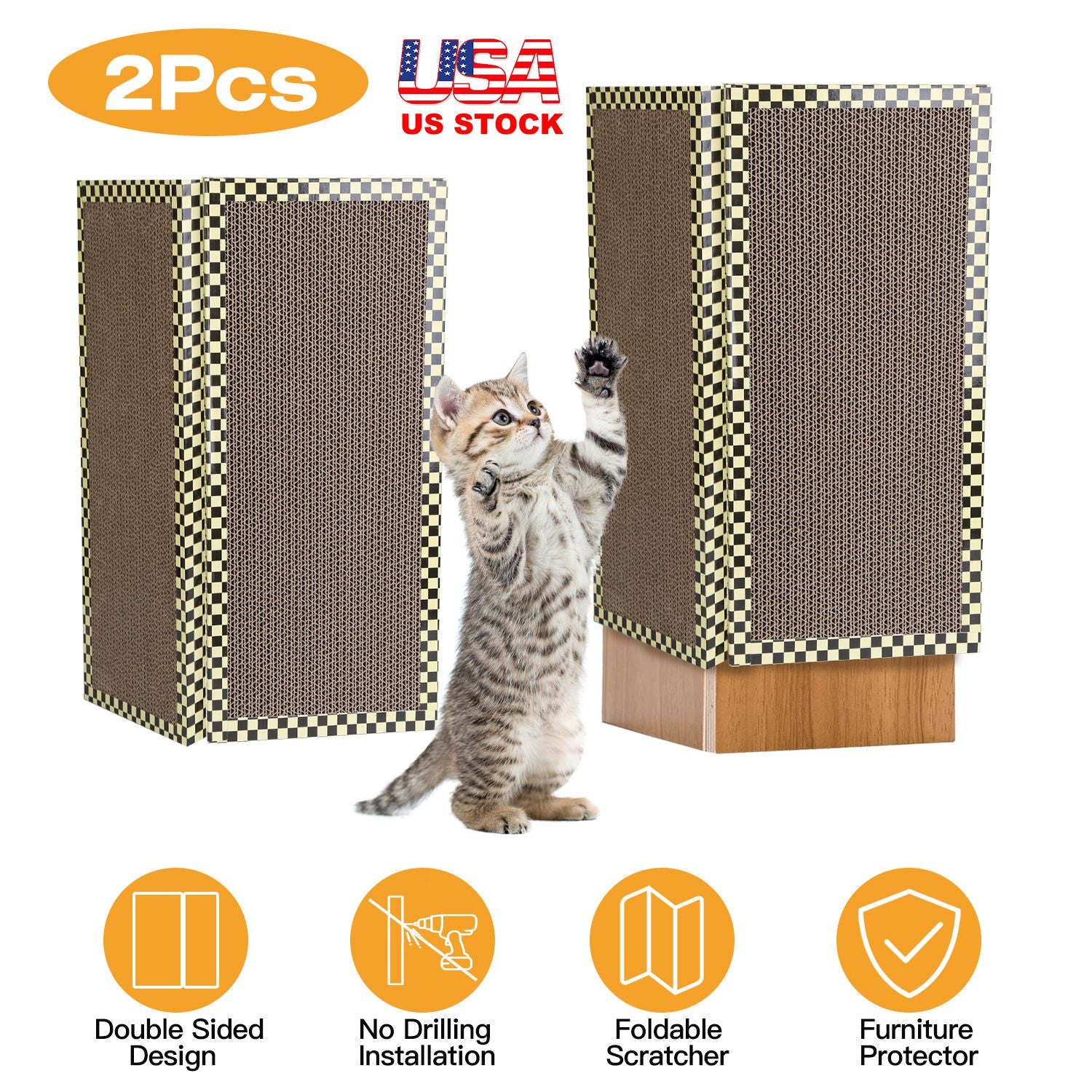 2Pcs Foldable Cat Scratcher Sofa Wall Couch Corner Vertical Double-Sided Cat Scratching Board No Drilling Cardboard Kitten Furniture Protector