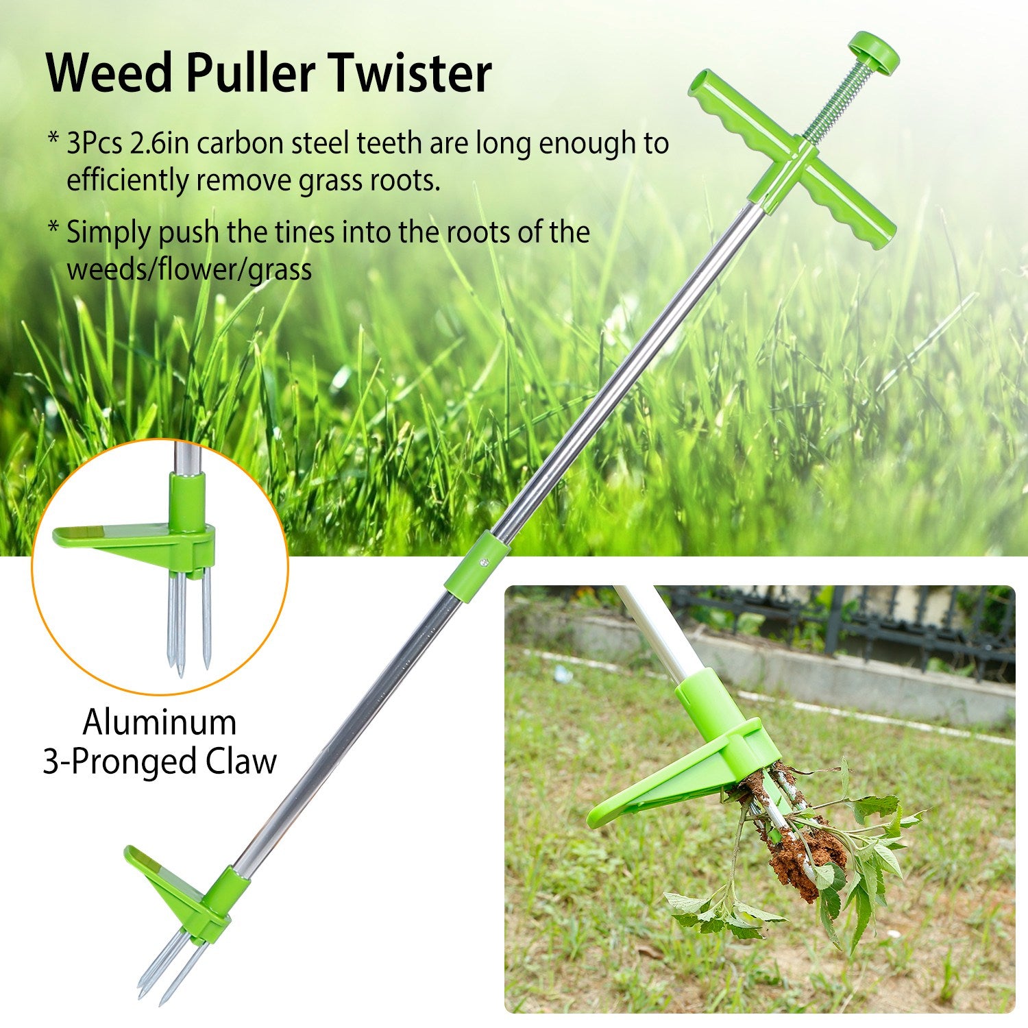 Weed Puller Twister Stand Up Root Removal Hand Tool 3 Claws Aluminum Grass Manual Remover 38.98in Long Handle w/ Foot Pedal