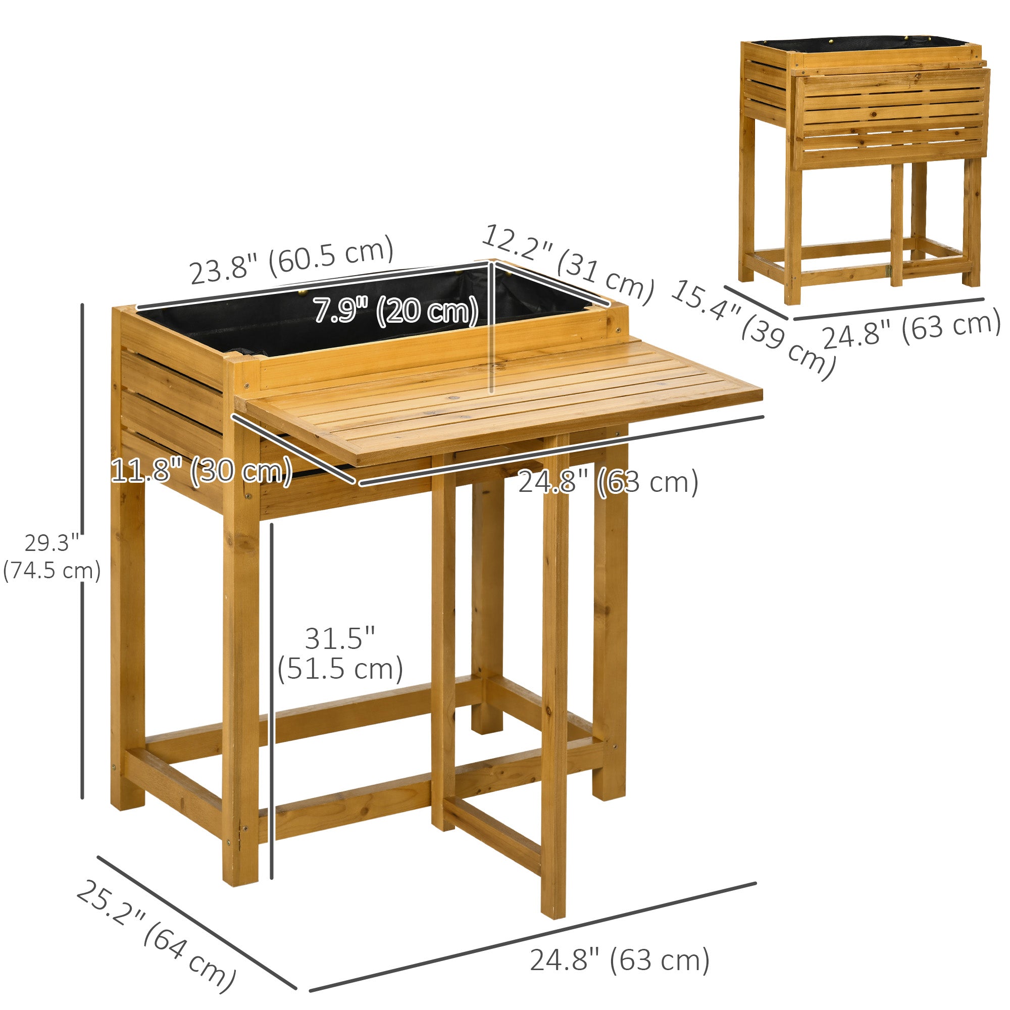 Outsunny Raised Garden Bed with Folding Side Table, Elevated Wood Planter Box for Flowers and Vegetables, Use for Patio, Balcony 