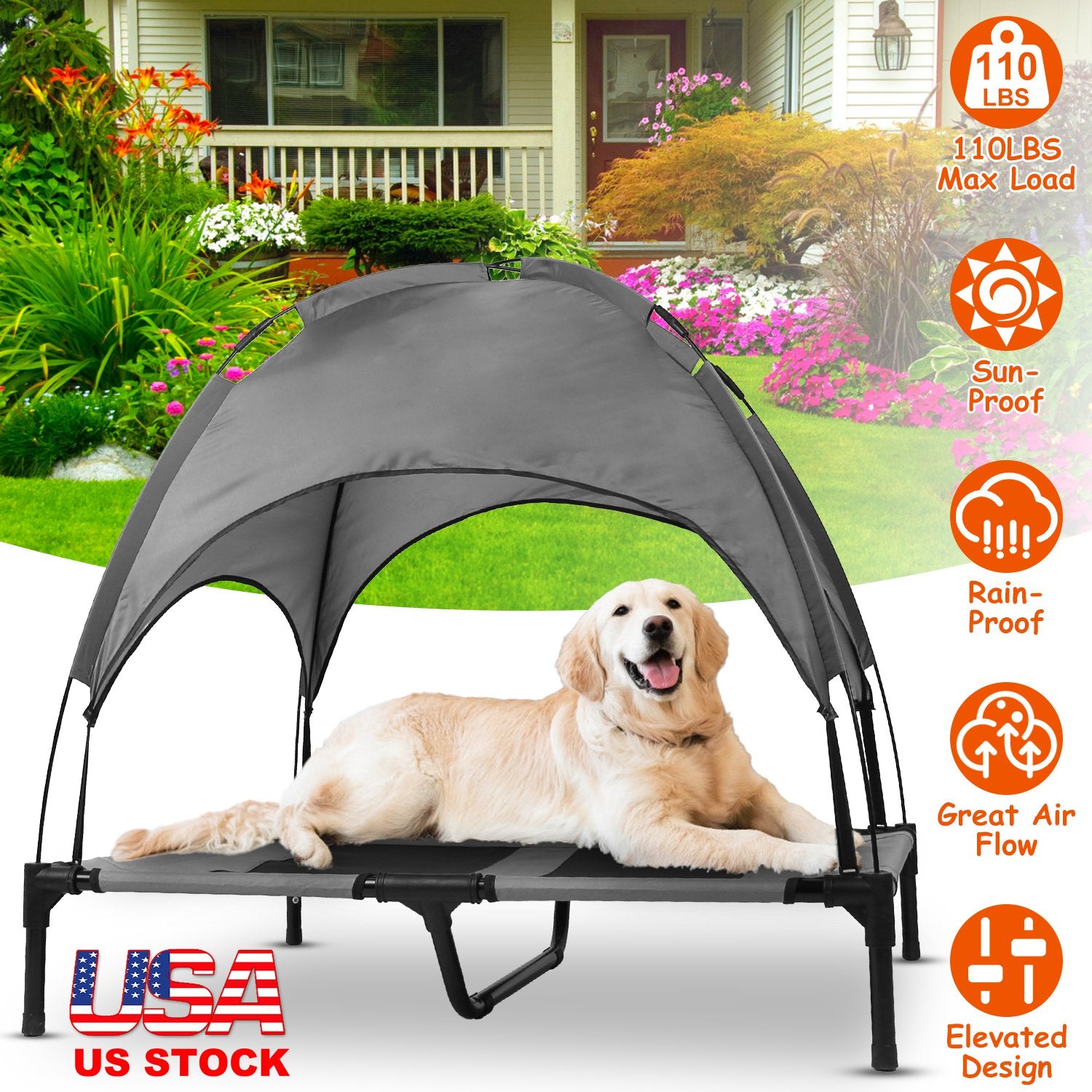 Outdoor Elevated Dog Bed Cooling Raised Pet Cot Canopy Shade Tent Pet Cooling Bed with Removable Canopy for Outside Yard Camping Beach