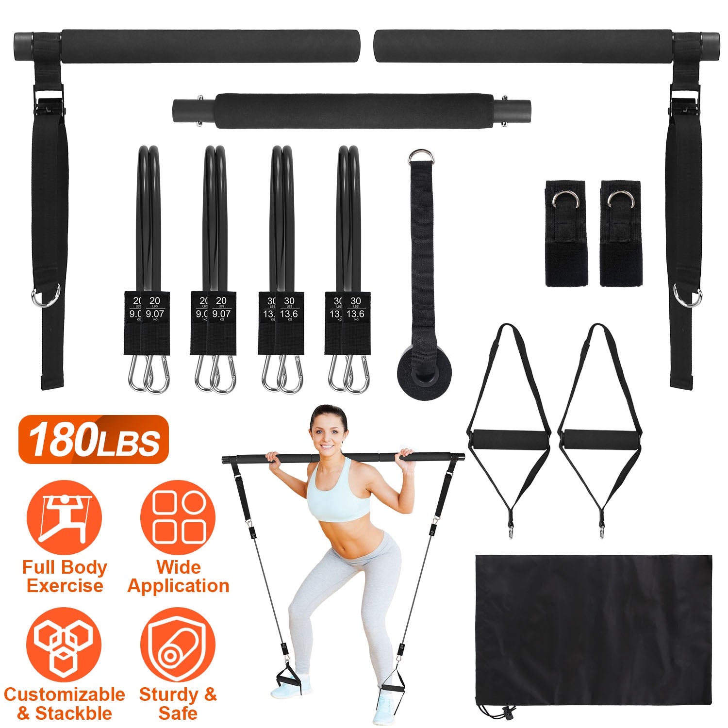 Pilates Bar Kit with 100LBS Resistance Bands Multifunctional Pilates Yoga Toning Bar Full Body Exercise Equipment Set for Beginners Intermediates Prof 