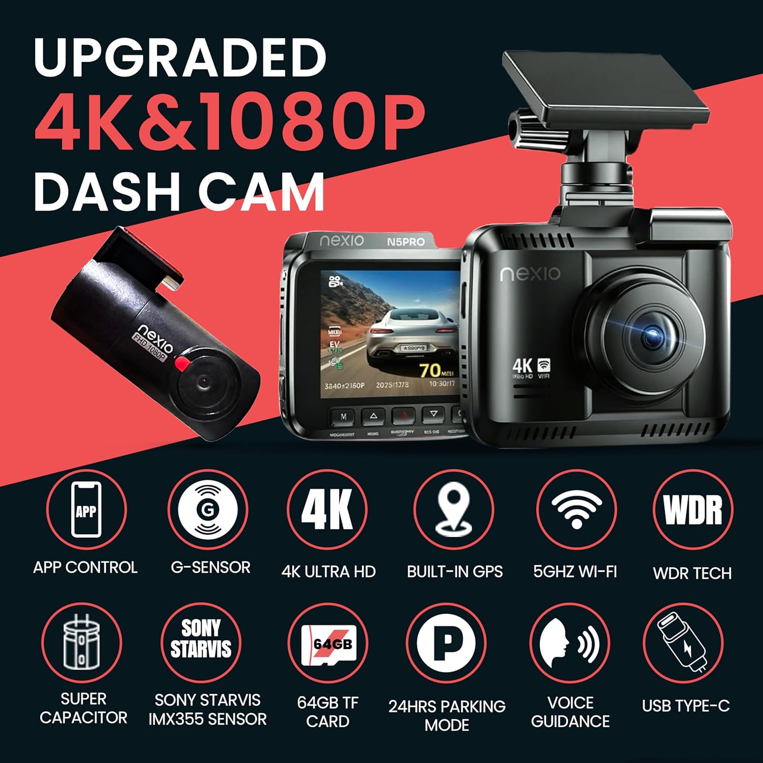 NEXIO N5Pro 4K Dual Dash Cam with Starvis Sensor, WiFi, GPS, ADAS, Park Mode 